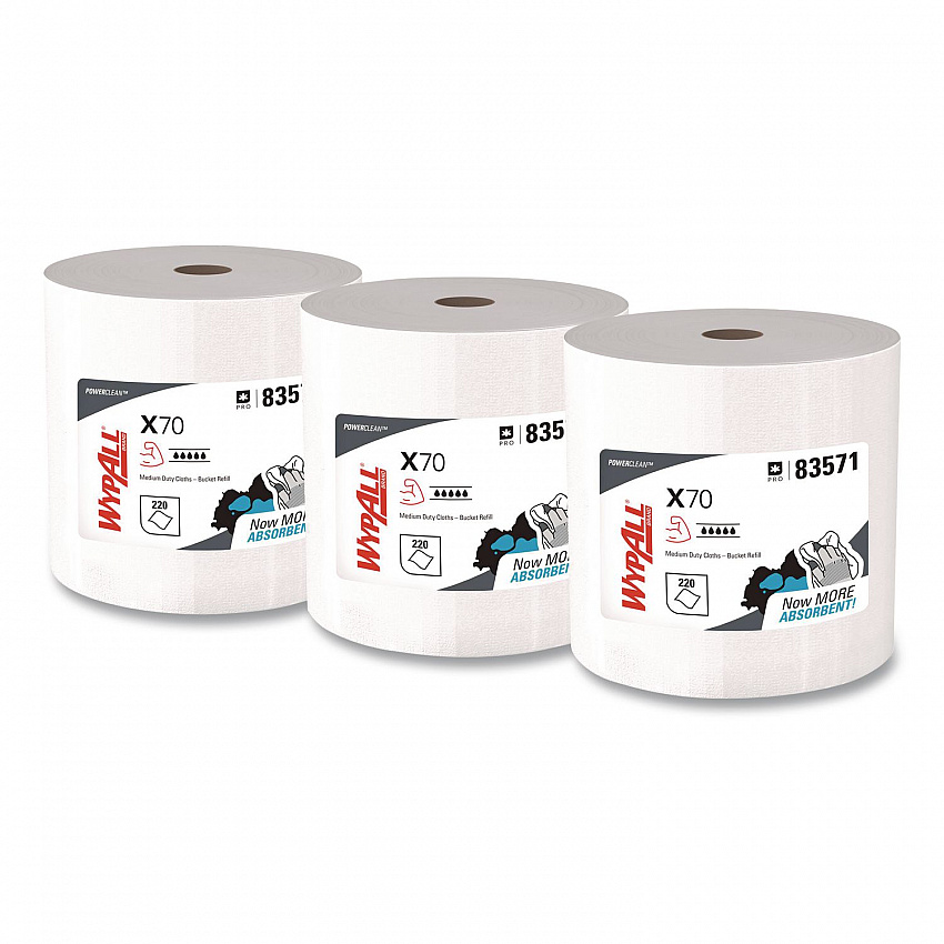 X70 Wipers in a Bucket Refills, No Bucket, 13 x 10, Unscented, White, 220/Rolls, 3 Rolls/Carton (83571)