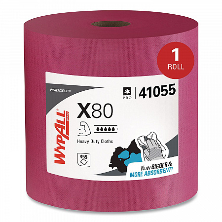 Power Clean X80 Heavy Duty Cloths, Jumbo Roll, Perforated,12.4 x 12.2, Red, 455 Wipers/Roll (41055)