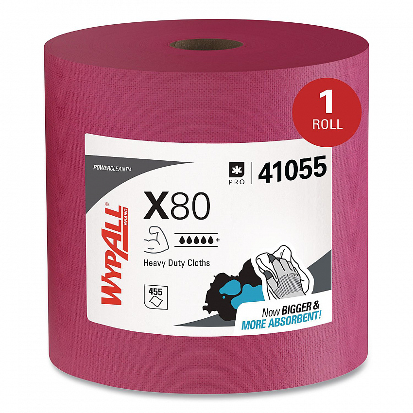 Power Clean X80 Heavy Duty Cloths, Jumbo Roll, Perforated,12.4 x 12.2, Red, 455 Wipers/Roll (41055)