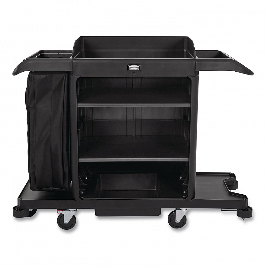 Full-Size Housekeeping Cart, Plastic, 3 Shelves, 1 Bin, 24.4 x 62.4 x 49, Black (2202581)