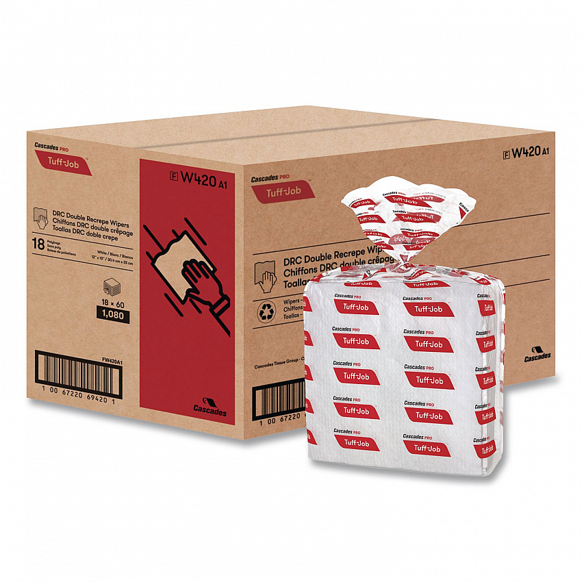 Tuff-Job S400 DRC Wipers, Medium, 12 x 13, White, 60/Pack, 18 Pack/Carton (W420)