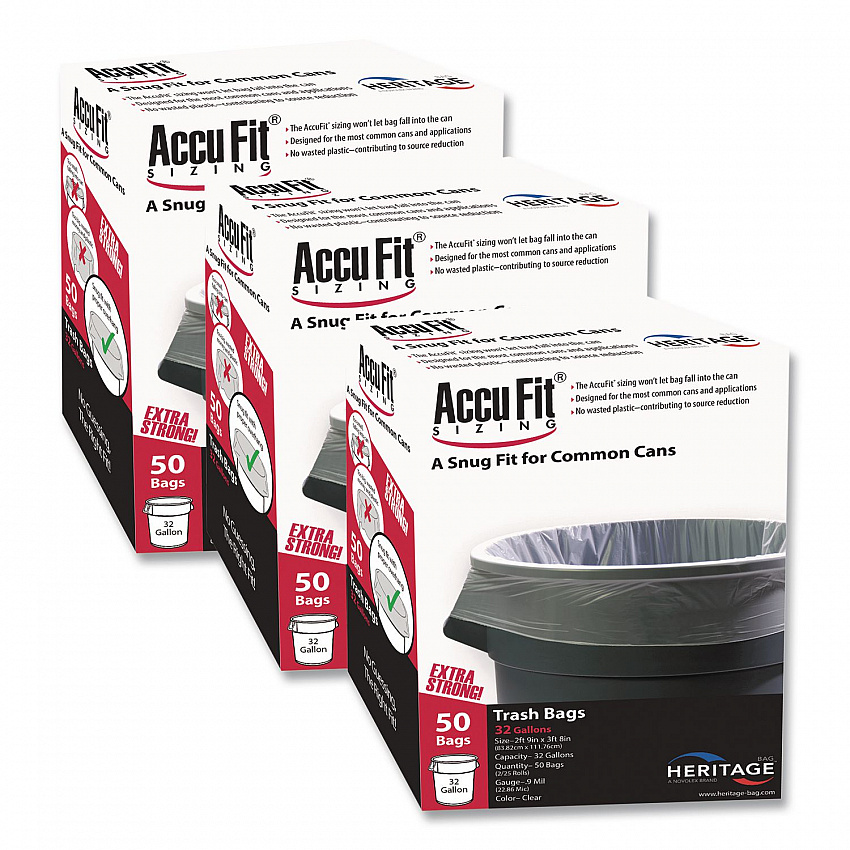 Linear Low Density Can Liners with AccuFit Sizing, 55 gal, 0.9 mil, 40" x 53", Clear, 50 Bags/Box, 3 Boxes/Carton (H8053TCRC1CT)