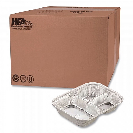 Aluminum Oblong Container with Lid, 3 Compartments, 24 oz, 8.5 x 6.38 x 1.47, Silver, 500/Carton (204535)