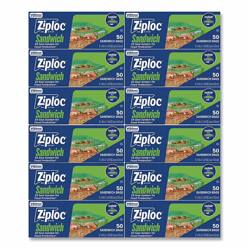 Resealable Sandwich Bags, 6.5" x 5.88", Clear, 50 Bags/Box, 12 Boxes/Carton (383179)