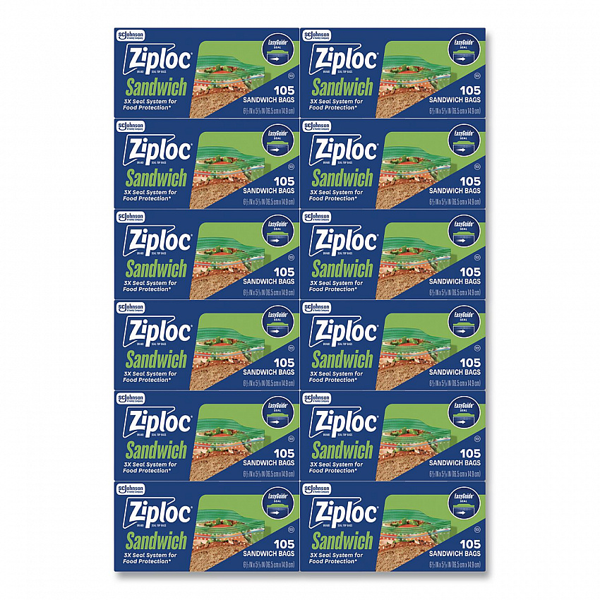 Resealable Sandwich Bags, 6.5" x 5.88", Clear, 105 Bags/Box, 12 Boxes/Carton (383211)
