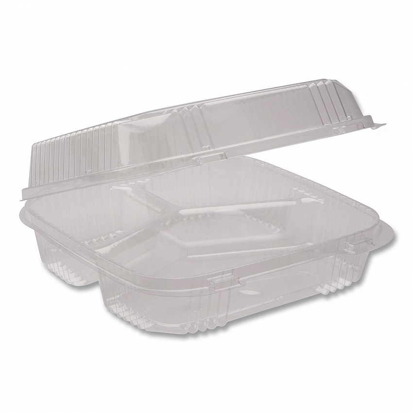 ClearView SmartLock Hinged Lid Container, 3 Compartments, 5 oz/14 oz, 8.2 x 8.3 x 2,9, Clear, Plastic, 200/Carton (YCI81123)