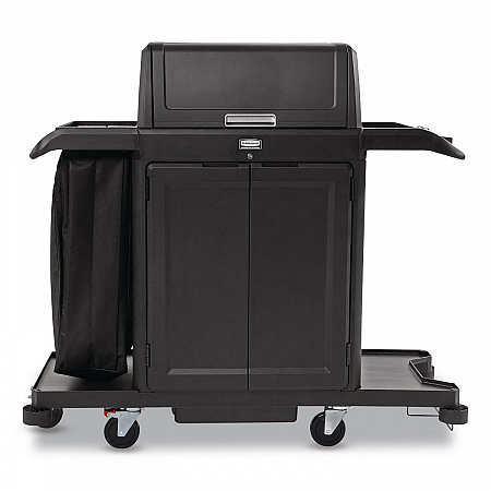 Housekeeping Cart with Hood and Doors, Plastic, 4 Shelves,1 Bin, 24.4 x 62.4 x 56.9, Black (2202587)