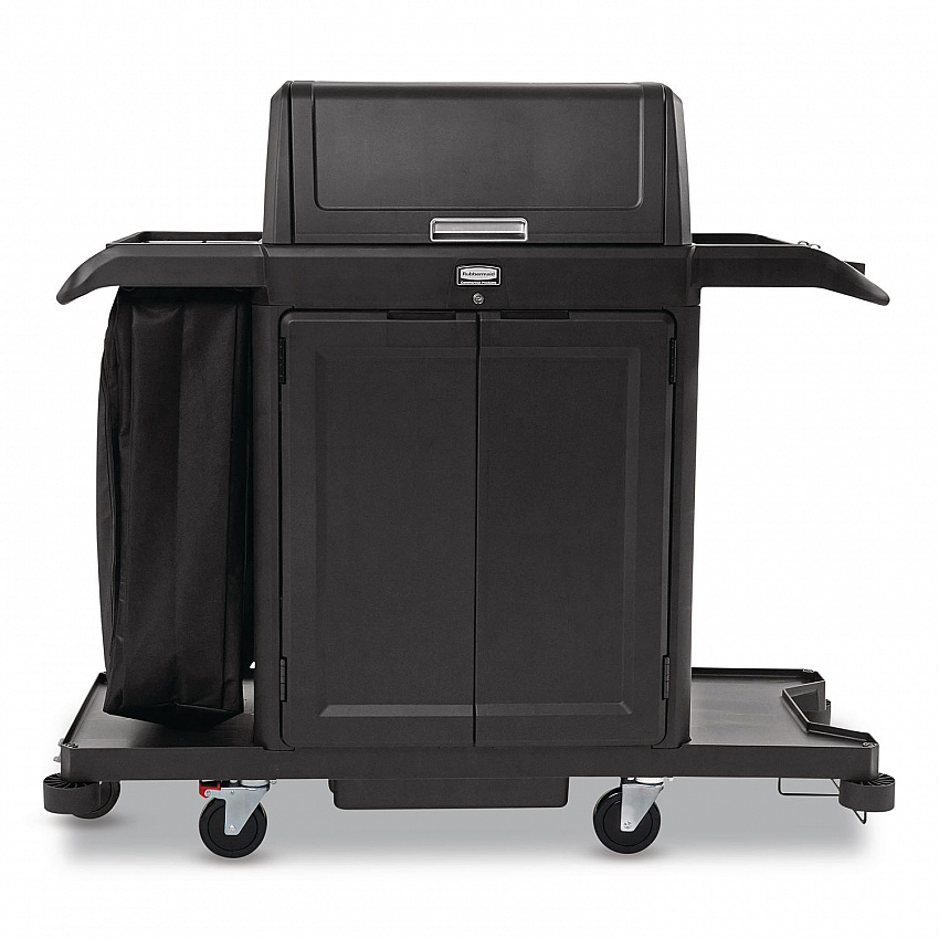 Housekeeping Cart with Hood and Doors, Plastic, 4 Shelves,1 Bin, 24.4 x 62.4 x 56.9, Black (2202587)