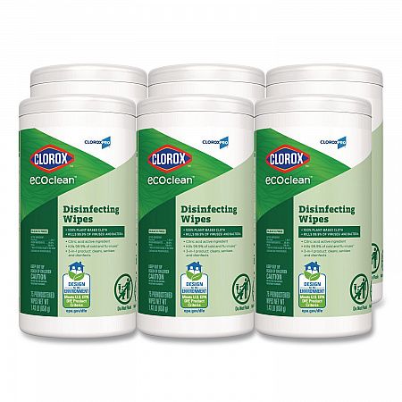 CloroxPro EcoClean Disinfecting Wipes, 1-Ply, 8 x 7, Unscented, White, 75 Count, 6/Carton (60605CT)