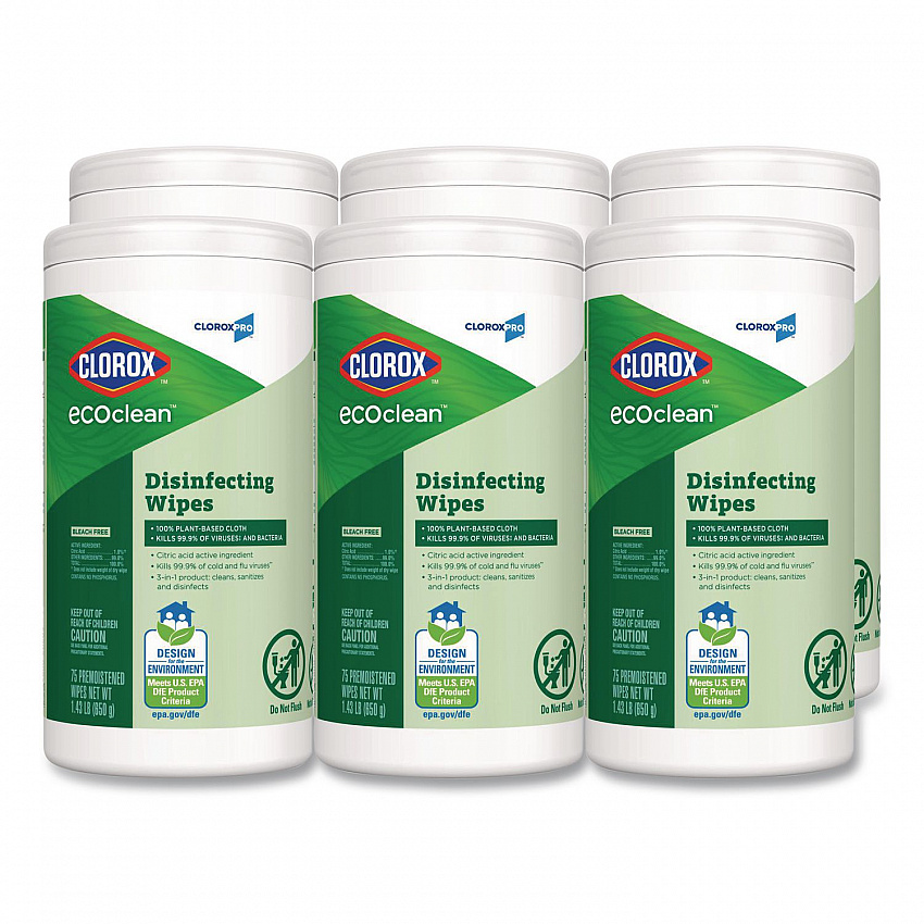 CloroxPro EcoClean Disinfecting Wipes, 1-Ply, 8 x 7, Unscented, White, 75 Count, 6/Carton (60605CT)