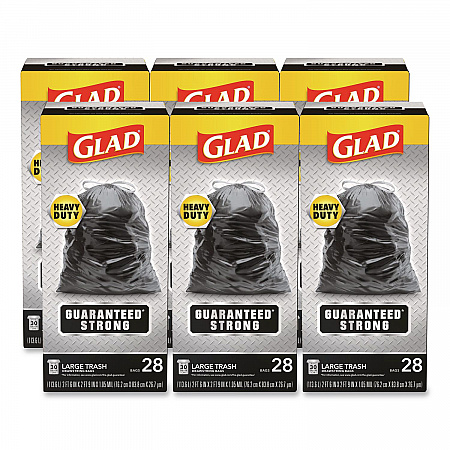 Guaranteed Strong Large Drawstring Trash Bags, Three-Ply, 30 gal, 1.05 mil, 30 x 33, Black, 28 Bags/Box, 6 Boxes/Carton (78966)