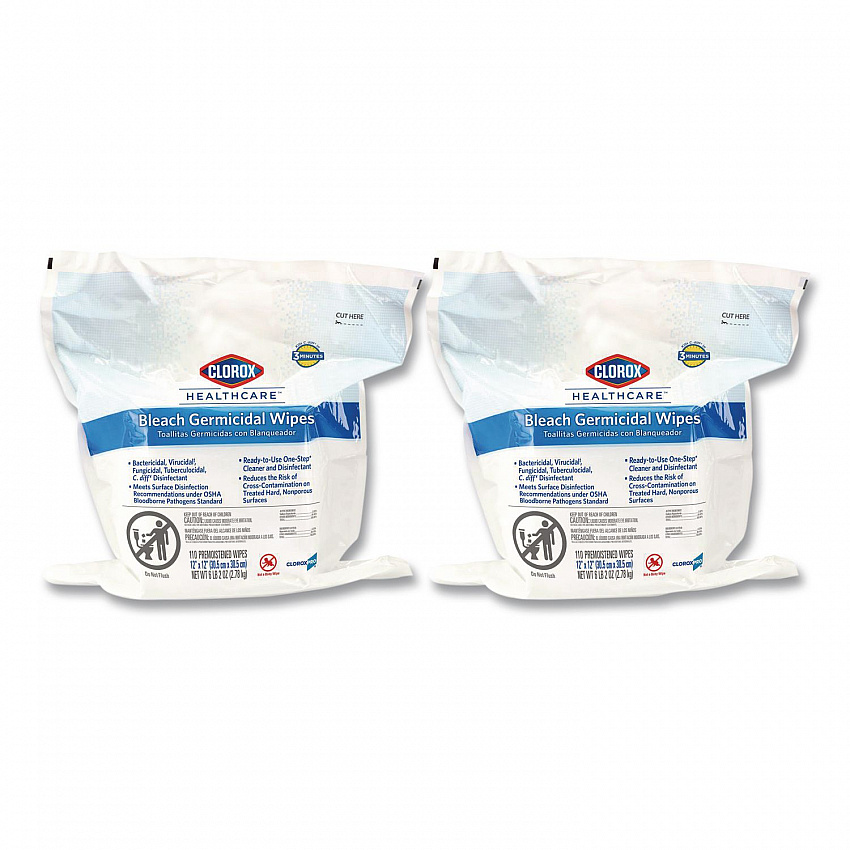 Bleach Germicidal Wipes, 1-Ply, 12 x 12, Unscented, White, 110/Refill, 2 Refills/Carton (30359CT)