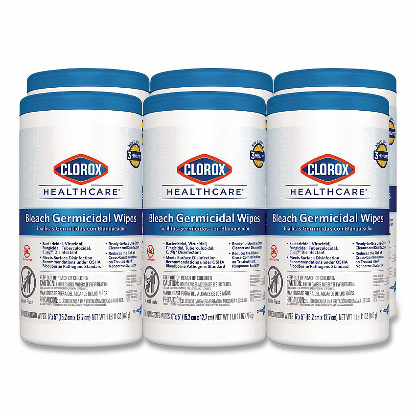 Bleach Germicidal Wipes, 1-Ply, 6 x 5, Unscented, White, 150/Canister, 6 Canisters/Carton (30577CT)
