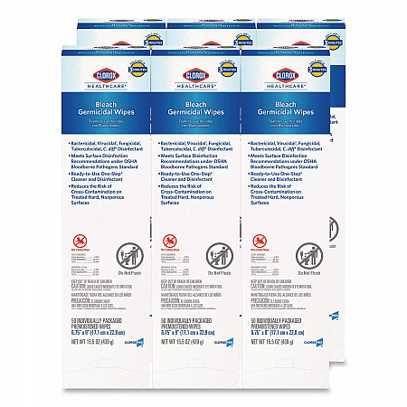 Bleach Germicidal Wipes, Individual Wipes, 1-Ply, 6.75 x 9, Unscented, White, 50/Box, 6 Boxes/Carton (31424)