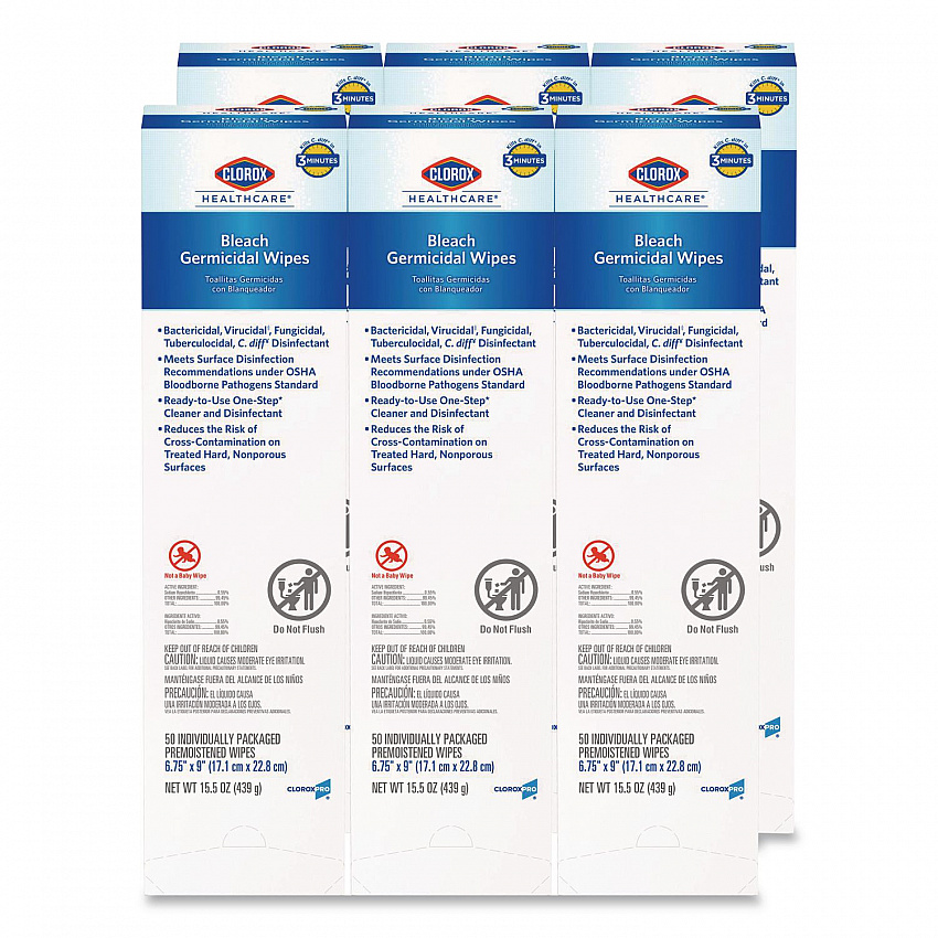Bleach Germicidal Wipes, Individual Wipes, 1-Ply, 6.75 x 9, Unscented, White, 50/Box, 6 Boxes/Carton (31424)