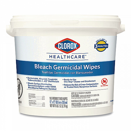 Bleach Germicidal Wipes, 1-Ply, 12 x 12, Unscented, White, 110/Bucket (30358)