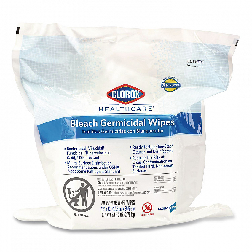 Bleach Germicidal Wipes, Refill for Bucket, 1-Ply, 12 x 12, Unscented, White, 110/Pouch (30359)