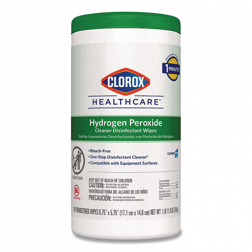Hydrogen Peroxide Cleaner Disinfectant Wipes, 6.75 x 5.75, Unscented, 155 Wipes/Canister (30825EA)