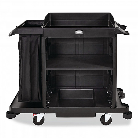 Compact Housekeeping Cart, Plastic, 3 Shelves 1 Bin, 23 x 53.12 x 19.1, Black (2202585)