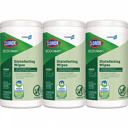 CloroxPro EcoClean Disinfecting Wipes, 1-Ply, 7 x 8, Unscented, White, 3/Carton (60787CT)