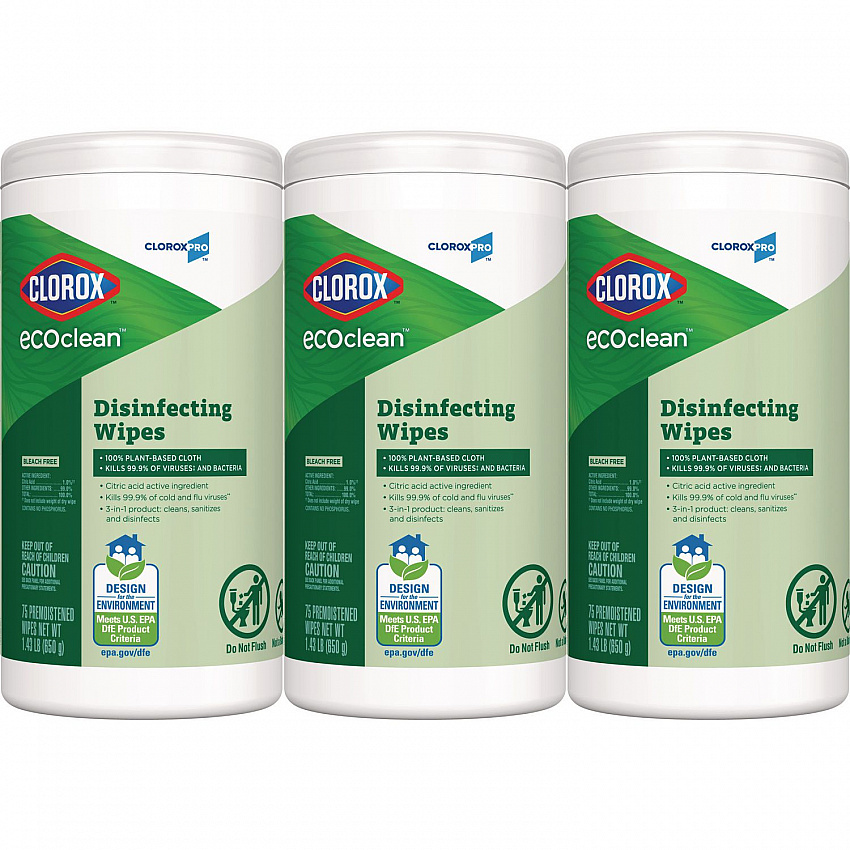 CloroxPro EcoClean Disinfecting Wipes, 1-Ply, 7 x 8, Unscented, White, 3/Carton (60787CT)