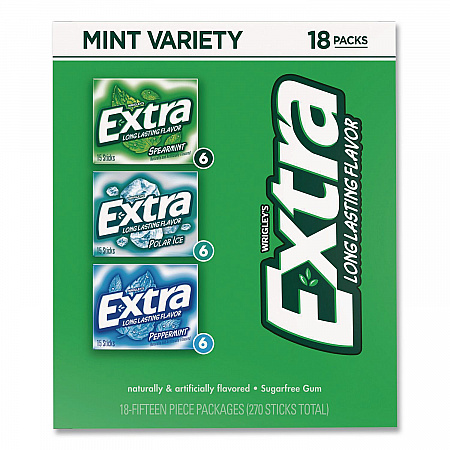 Extra Mint Variety Sugar-Free Gum, Peppermint/Polar Ice/Spearmint, 15 Sticks/Pack, 18 Packs/Carton (22002643)