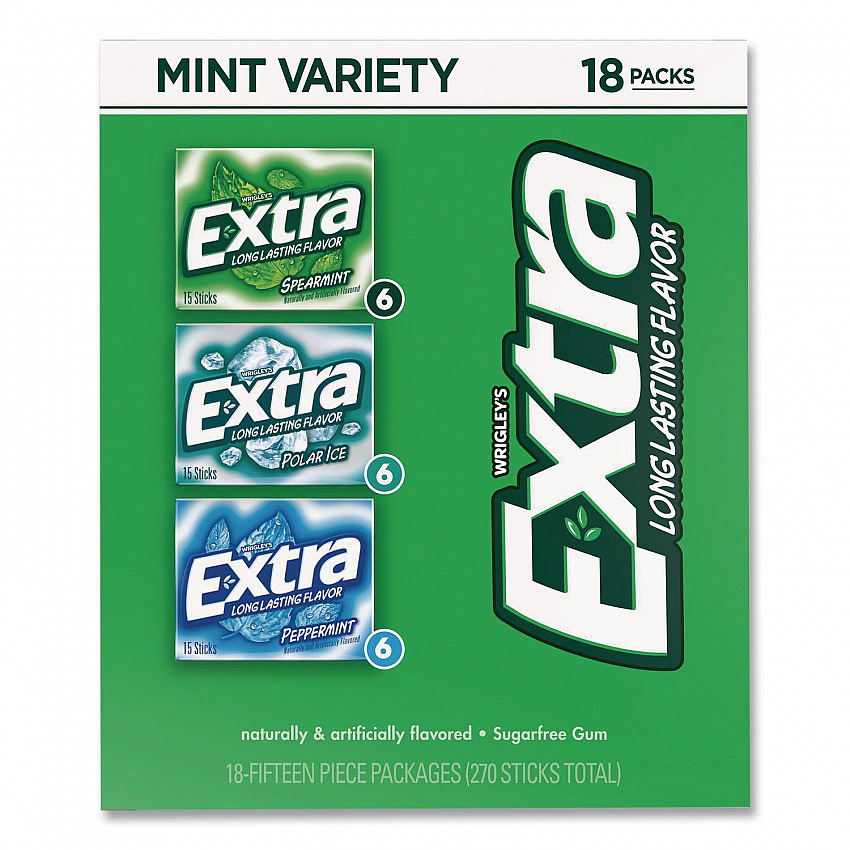 Extra Mint Variety Sugar-Free Gum, Peppermint/Polar Ice/Spearmint, 15 Sticks/Pack, 18 Packs/Carton (22002643)