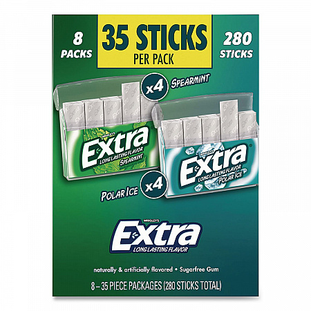 Extra Polar Ice and Spearmint Sugar-Free Gum Variety Pack, Polar Ice/Spearmint, 35 Sticks/Pack, 8 Packs/Carton (22002644)