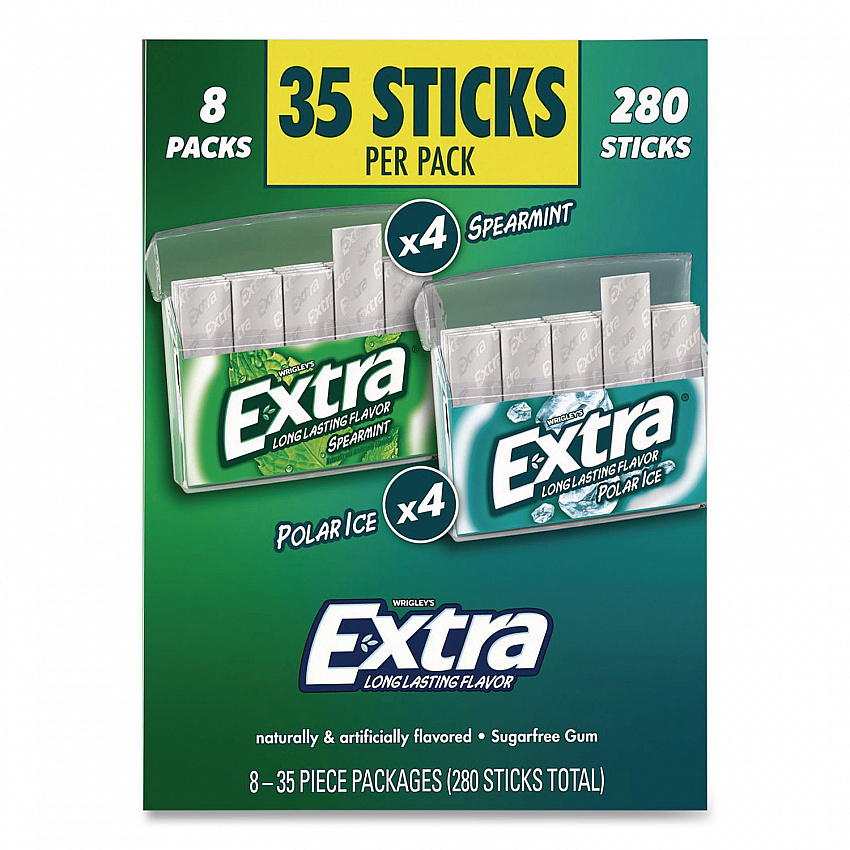 Extra Polar Ice and Spearmint Sugar-Free Gum Variety Pack, Polar Ice/Spearmint, 35 Sticks/Pack, 8 Packs/Carton (22002644)