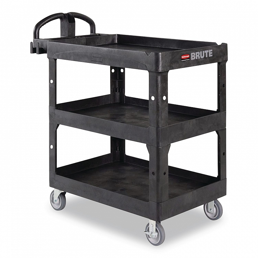 BRUTE 3-Shelf Heavy-Duty Ergo Lipped Utility Cart, Resin, 3 Shelves, 600 lb Capacity, 25.24" x 44" x 47", Black (2196862)