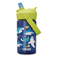 Thrive FlipStraw Plastic Water Bottle, 14 oz, Sharks and Rays Design, Blue/Yellow (2860403041)