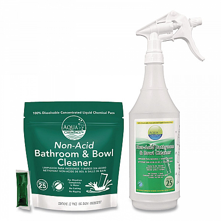 Aqua ChemPacs Non-Acid Bathroom and Bowl Cleaner Starter Pack with Empty 32 oz Spray Bottle, Lavender, 12 ChemPacs/Carton (9321000)