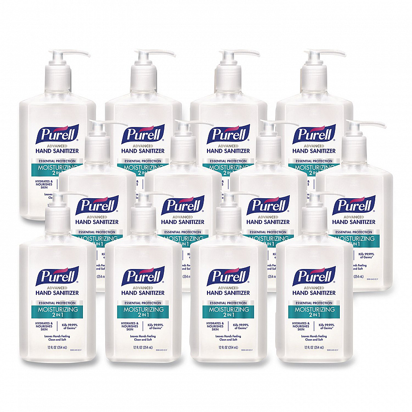 2 in 1 Moisturizing Advanced Hand Sanitizer Gel, 12 oz Pump Bottle, Clean Scent, 12/Carton (369812CT)