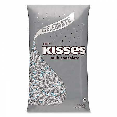 KISSES Milk Chocolate Candy, Silver Foils, 60 oz Bag (HEC33458)