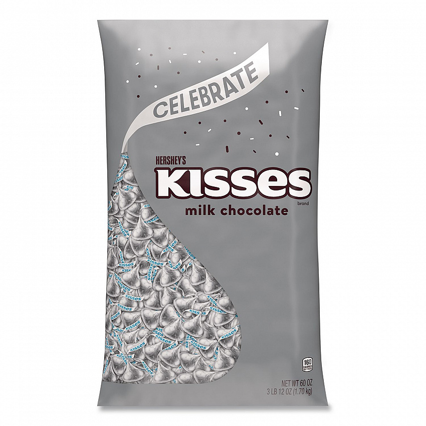 KISSES Milk Chocolate Candy, Silver Foils, 60 oz Bag (HEC33458)