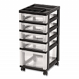 Five-Drawer Rolling Cart with Organizer Top, Plastic, 12.13 x 14.38 x 26.38, Clear/Black (270015116865)