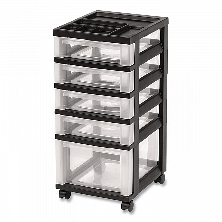 Five-Drawer Rolling Cart with Organizer Top, Plastic, 12.13 x 14.38 x 26.38, Clear/Black (270015116865)