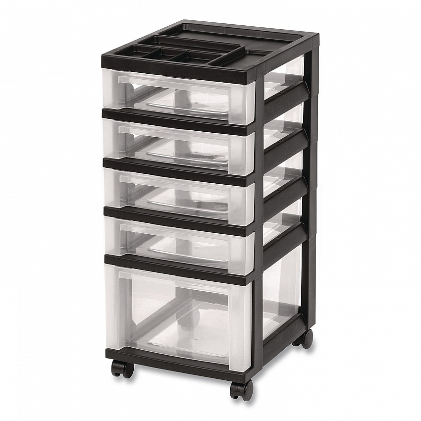Five-Drawer Rolling Cart with Organizer Top, Plastic, 12.13 x 14.38 x 26.38, Clear/Black (270015116865)