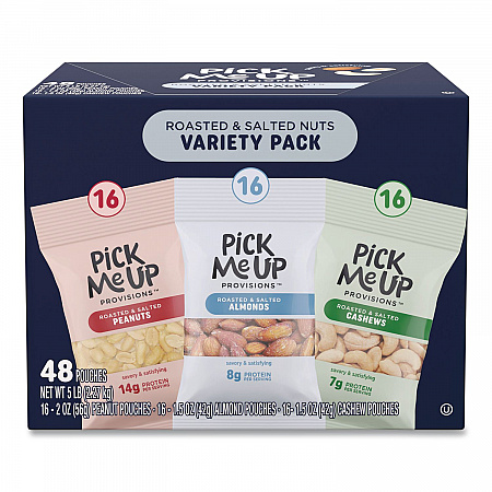 Roasted/Salted Nut Variety Pack, (16) 1.5 oz Pouches of Almonds, (16) 1.5 oz Pouches of Cashews, (16) 2 oz Pouches of Peanuts (PM62985)