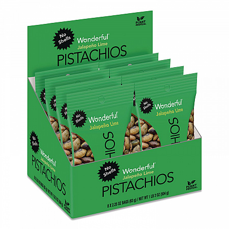 Wonderful No Shells Pistachios, Jalapeno Lime, 2.25 oz Pouch, 8/Box (PAR70154)