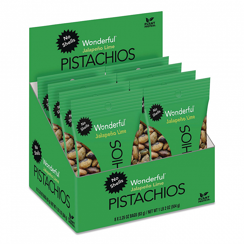 Wonderful No Shells Pistachios, Jalapeno Lime, 2.25 oz Pouch, 8/Box (PAR70154)