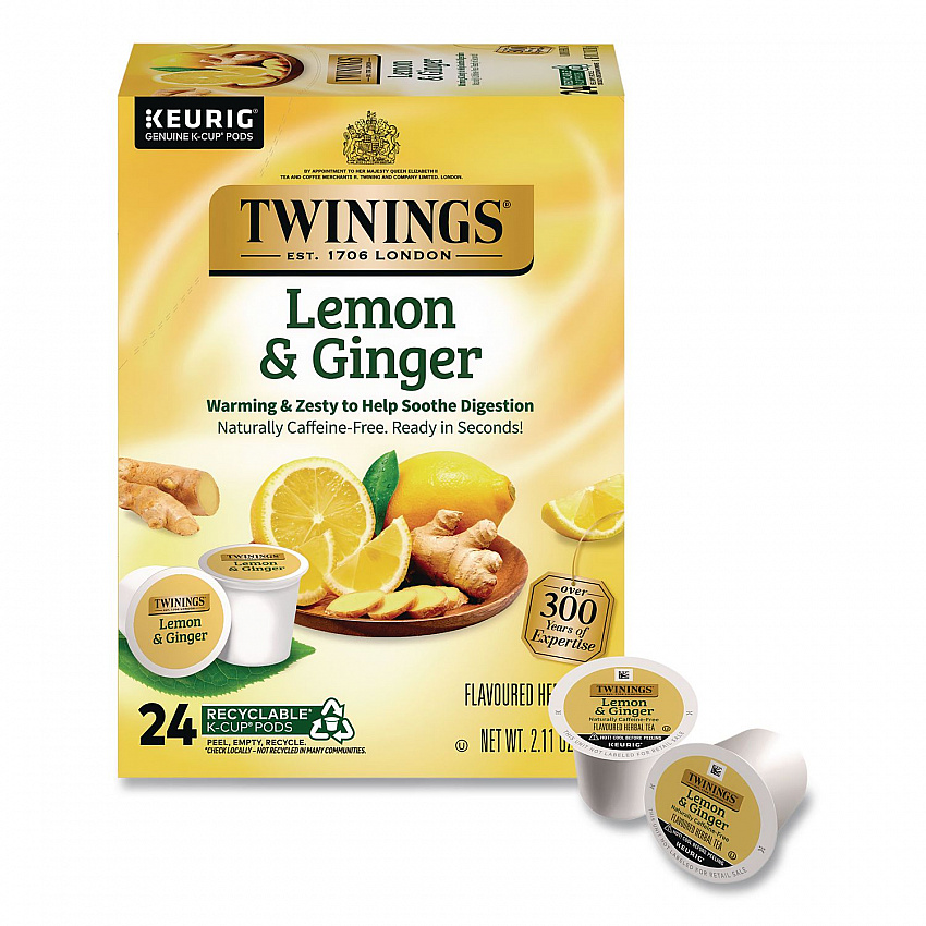 Tea K-Cups, Lemon Ginger, 0.11 oz K-Cups, 24/Box (89556)