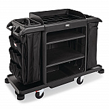 Full Size Housekeeping Cart with Accessory Bundle, Resin, 3 Shelves, 2 Bins, 24.4 x 62.4 x 49, Black (2202527)