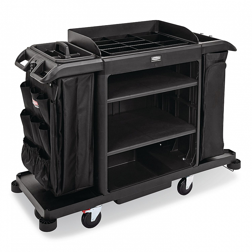 Full Size Housekeeping Cart with Accessory Bundle, Resin, 3 Shelves, 2 Bins, 24.4 x 62.4 x 49, Black (2202527)