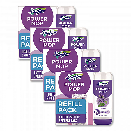 PowerMop Cleaning Solution and Pads Refill Pack, Lavender, Scent, 25.3 oz Bottle and 5 Pads per Pack, 4 Packs/Carton (09117)