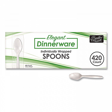 Elegant Dinnerware Heavyweight Cutlery, Individually Wrapped, Spoon, Plastic, White, 420/Box (90187)