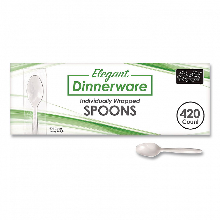 Elegant Dinnerware Heavyweight Cutlery, Individually Wrapped, Spoon, Plastic, White, 420/Box (90187)