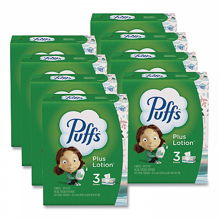 Plus Lotion Facial Tissue, 2-Ply, White, 124 Sheets/Box, 3 Box/Pack, 8 Packs/Carton (39363)