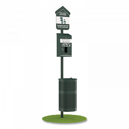 Pet Waste Station Kit with Header Bag Locking Dispenser, 11.5 Gallon Round Lidded Trash Can, Pole, and Glow-in-the-Dark Sign (FLO1HSG)