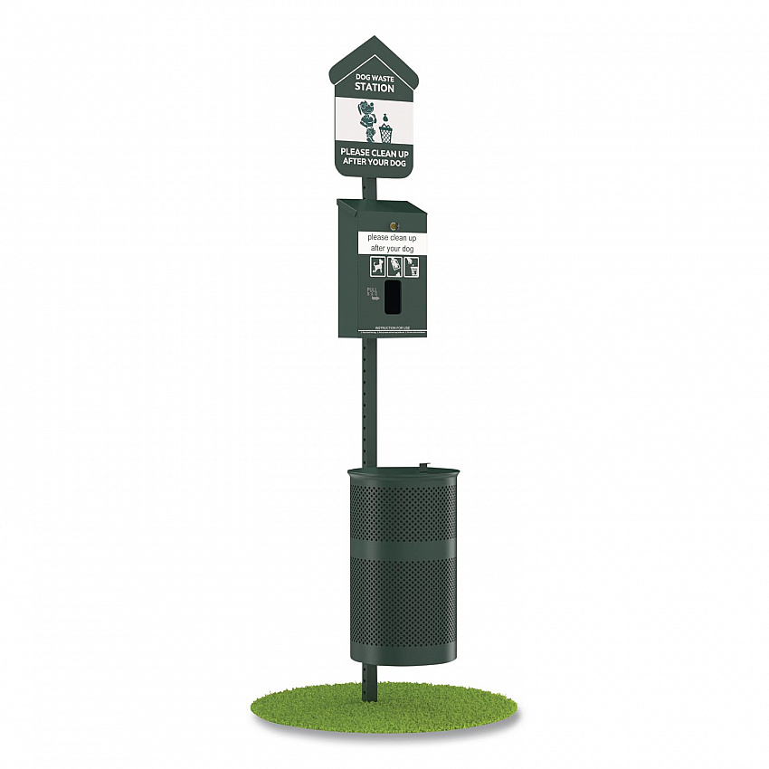 Pet Waste Station Kit with Header Bag Locking Dispenser, 11.5 Gallon Round Lidded Trash Can, Pole, and Glow-in-the-Dark Sign (FLO1HSG)